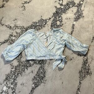BCBGeneration Shirt Womens Sz XL‎ Variegated Blue White Striped Wrap Blouse